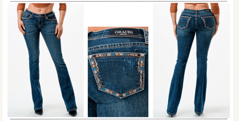 Grace in LA Embroidered Border Pocket (Bootcut, 34" inseam)