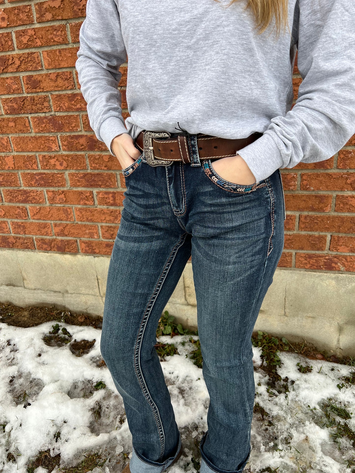 Grace in LA Embroidered Border Pocket (Bootcut, 34" inseam)